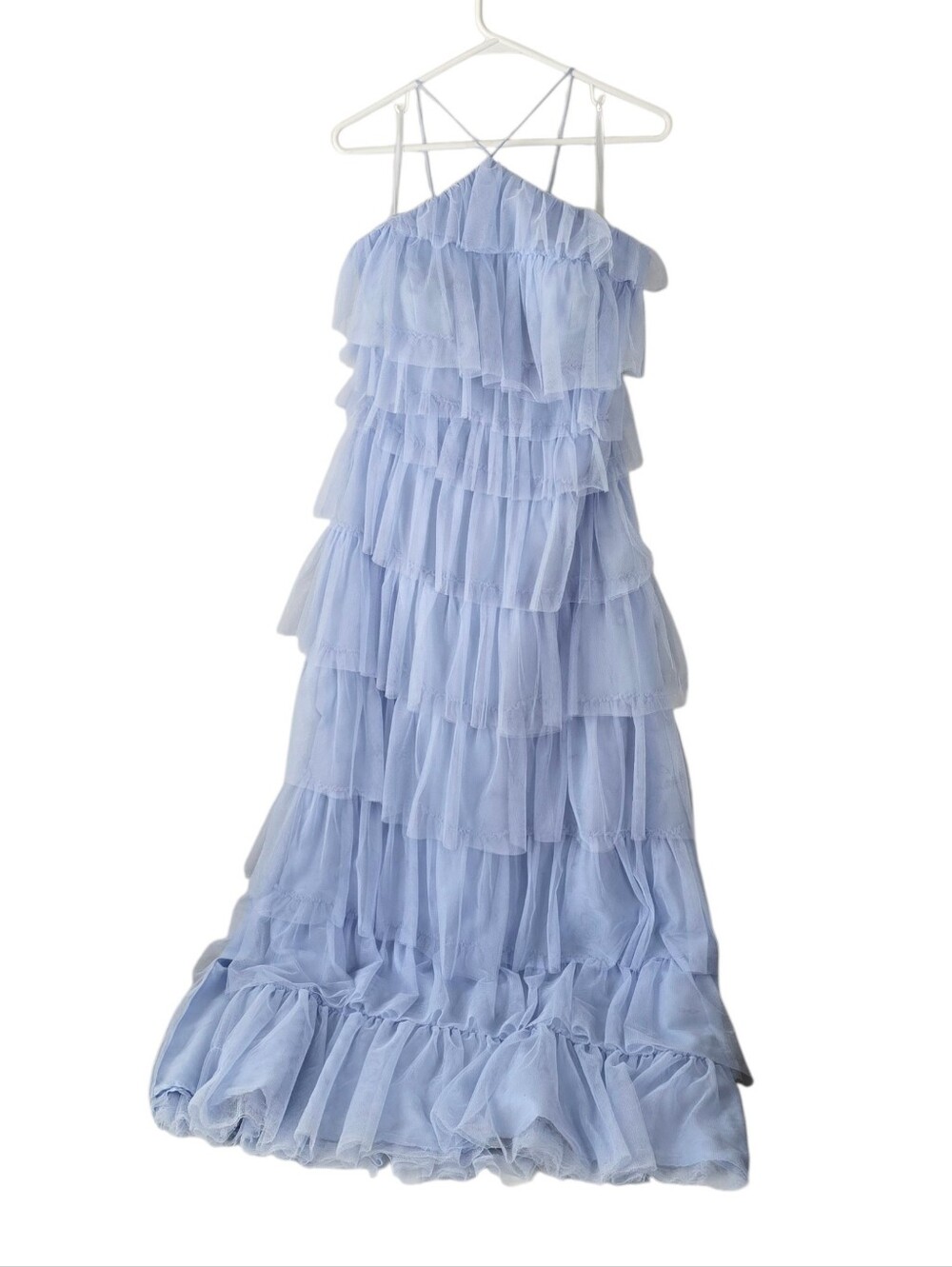 Revelry Carrie Tulle Halter Formal Dress 10 Periwinkle Tiered Ruffle Gown